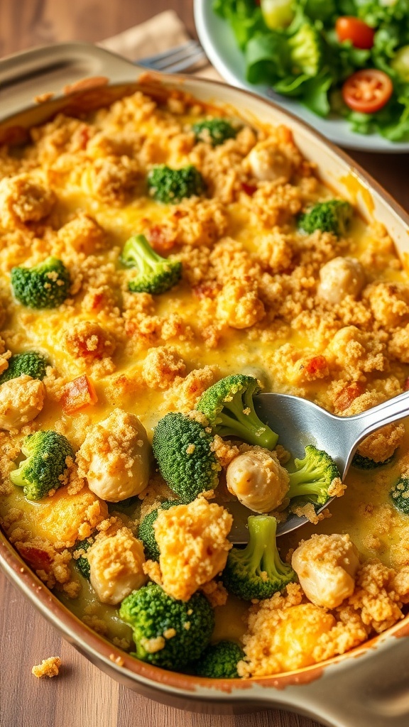 A golden quinoa chicken and broccoli casserole with cheese and breadcrumbs, served in a rustic dish.